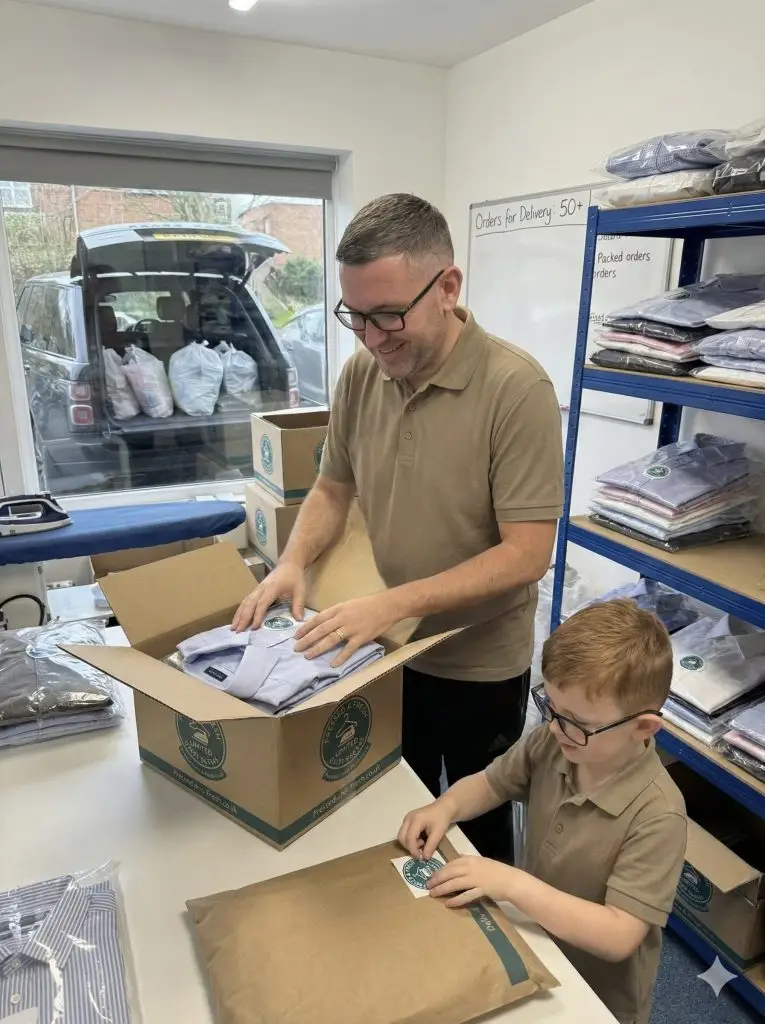 The Pressed & Fresh founder and son packing professionally ironed shirts into delivery boxes at their pet-free laundry studio in Newport.
